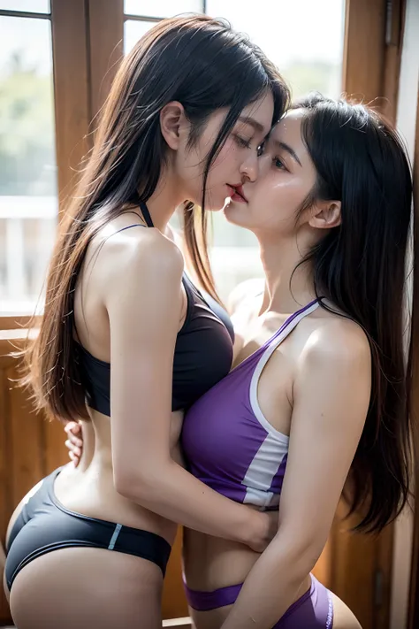 (Masterpiece),  2 Beauties, mature women, Hug each other, kissing, French_kissing, (Lesbian sex),Haruka, Akusanagi, Rubbing your boobs,large full breasts ,Blue Eyes,  (Long purple hair),(Short blonde hair), (Attractive figure),  delicate facial features, S...