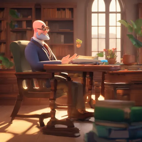 Crie um cartaz inspirado na Disney Pixar com o personagem sendo o pastor Rubens Janier, A bald hairless man wearing glasses, in an office with a Bible on the table, Looking forward and serious