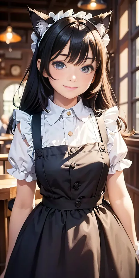 Best quality, masterpiece, HD digital photo of a girl, Pixar animation style, a cat-eared girl in 50% English maid outfit, upper body, standing back smiling looking at the camera, Cafe Background, soft lighting, warm colors, ((()))