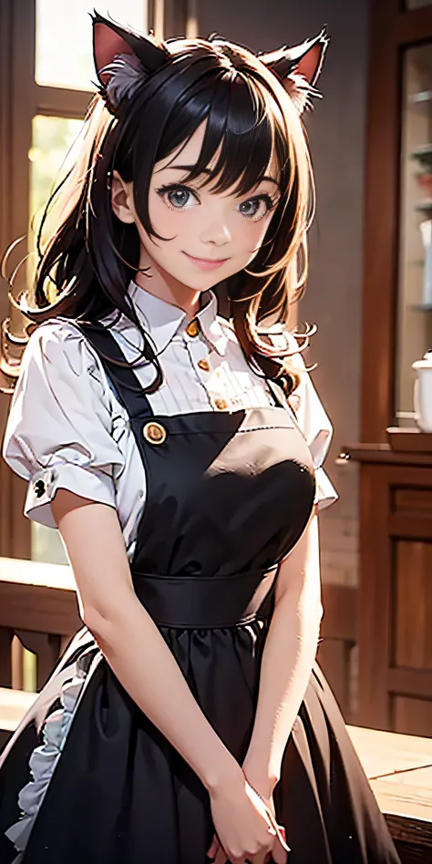 Best quality, masterpiece, HD digital photo of a girl, Pixar animation style, a cat-eared girl in 50% English maid outfit, upper body, standing back smiling looking at the camera, Cafe Background, soft lighting, warm colors, ((()))