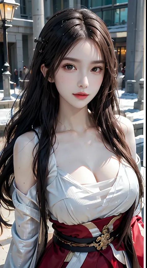 Photorealistic, high resolution, Soft light,1womanl, Solo, Hips up, shiny skins, (Detailed face),tattoo, jewelry, Winter hanfu, Cloak, Snow, Night, Wavy hair, Beautiful soldiers, Grab the audiences eye, Lovers perspective, Invitation expression, Sexy smile...