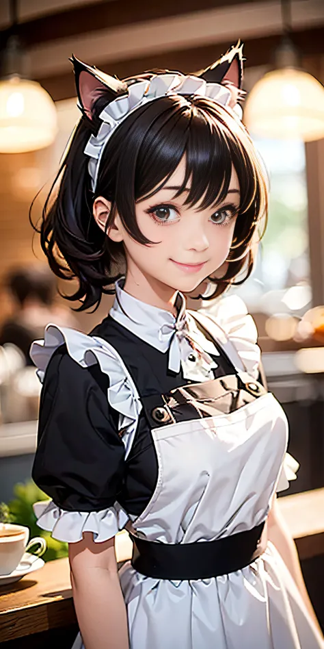 Best quality, masterpiece, HD digital photo of a girl, Pixar animation style, a cat-eared girl in 00% English maid outfit, upper body, standing back smiling looking at the camera, Cafe Background, soft lighting, warm colors, ((()))