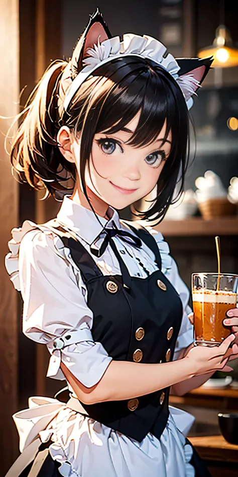 Best quality, masterpiece, HD digital photo of a girl, Pixar animation style, a cat-eared girl in 00% English maid outfit, upper body, standing back smiling looking at the camera, Cafe Background, soft lighting, warm colors, ((()))