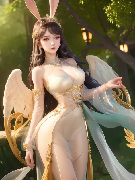 1girl, woman of the Renaissance,very bright light, pouting,jwy1,((see-through)), {beautiful and detailed eyes}, ((hands behind back)),sumptuous jewel, tiara, wet, rainy forest, 18 yo,(angel_wings),CHIBI,1 girl,wonyounglorashy,rabbit ears,long dress,long ha...