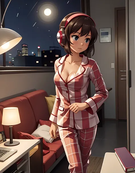 Wearing sexy pajamas, robot girlfriend, graceful figure, zombie walk, study room, sofa, nighttime, lights out, sleepwalking