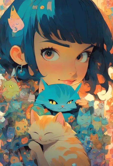 girl with a cat on her shoulder, in anime style, there is a cat next to her, in anime style, coraline, detailed fanart, anime style illustration, masterpiece, high resolution, 1girl, 1cat, Button background acuarela stile, one large button, flat background...