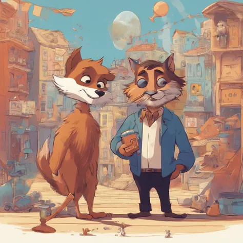 Um cartaz de filme pixar da disney com um personagem de barba e bigode curtos. Usando roupa de bruxo, sorrindo, cantando num microfone de pedestal, in one arm holding a dog and in the other holding a cat. Under a blue sky, cheio de estrelas, planetas e dis...