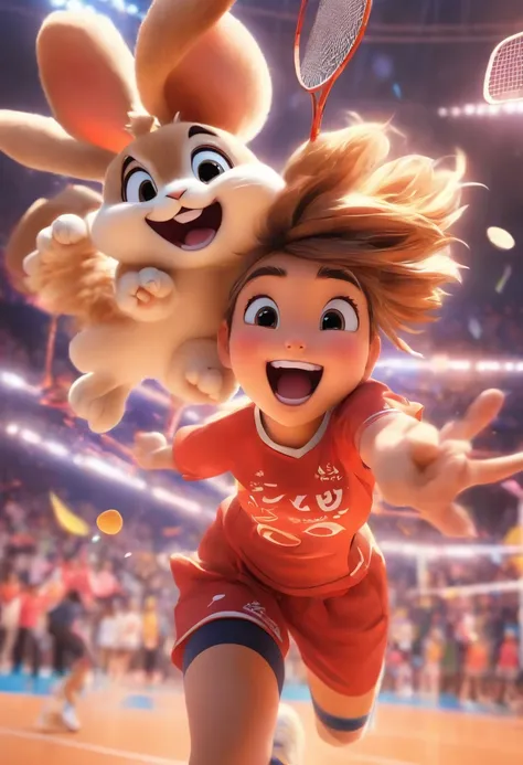 (Two rabbits playing badminton）, （Play badminton：1.1），Badminton,  Moe rabbit  [ Realistic photo ]!!, (Inspired by: Lin Dan played) ，red blouse, yellow sneakers, Yonex, Laughing happily, Background:: Arena, Badminton Arena,Photography,close up photograph,co...