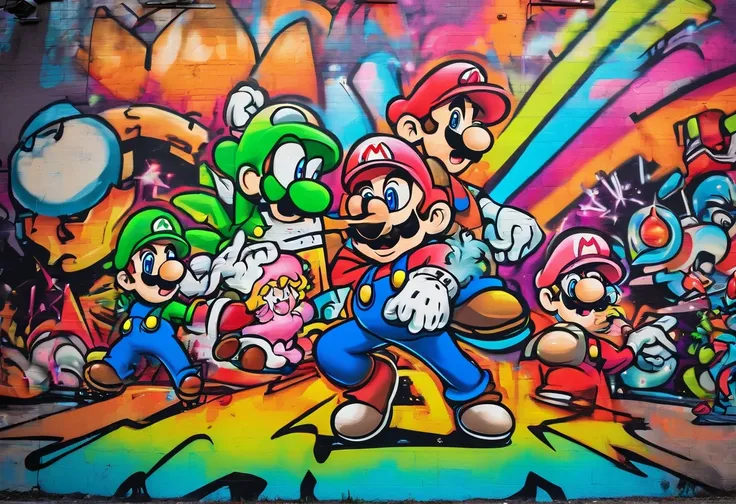 Graffiti, Mario, luigi, princess peach, and king kuppa are at a rave with king kuppa as the DJ as they dance with poi, glowsticks,  and l.e.d. light up  gloves while dresseded like old school candy kid ravers and smoking weed.