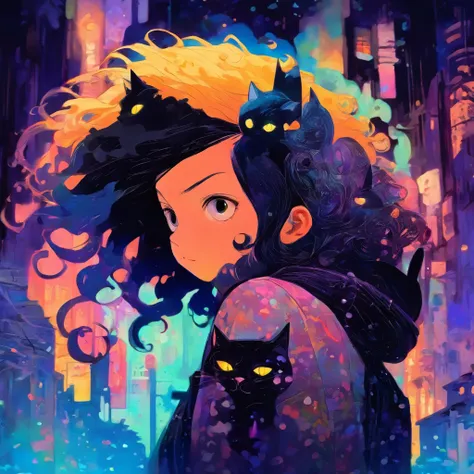 girl with a black cat on her shoulder, in anime style, there is a one cat next to her, in anime style, coraline, detailed fanart, anime style illustration, masterpiece, high resolution, one girl, one black cat, Button in the background acuarela style, one ...