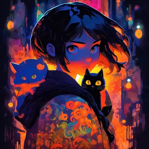 girl with a black cat on her shoulder, in anime style, there is a one cat next to her, in anime style, coraline, detailed fanart, anime style illustration, masterpiece, high resolution, one girl, one black cat, Button in the background acuarela style, one ...