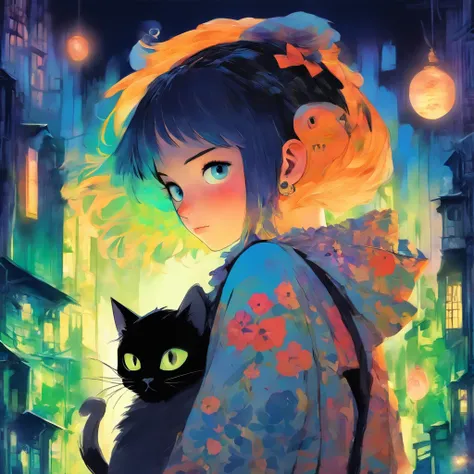 girl with a black cat on her shoulder, in anime style, there is a one cat next to her, in anime style, coraline, detailed fanart, anime style illustration, masterpiece, high resolution, one girl, one black cat, Button in the background acuarela style, one ...