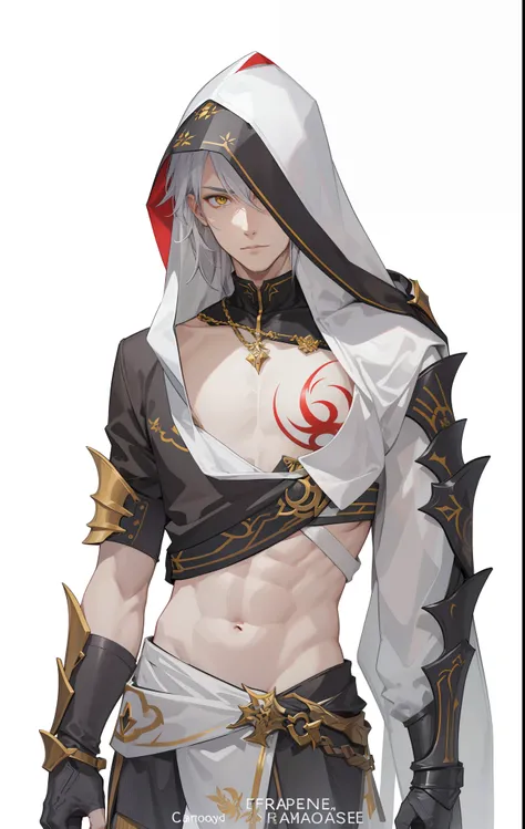 1male,  handsome manly face, adult, white hood, silver hair and yellow eyes, black armor, bare upper chest and torso with red tattoo, one sleeve