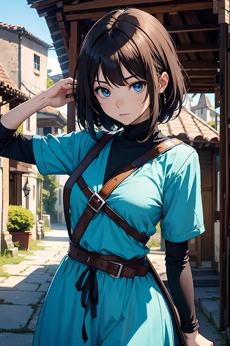 Make an anime character holding a sword in a village