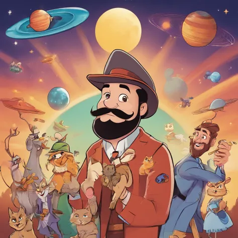 A Disney Pixar movie poster with a character with a short beard and mustache. Wearing a wizards outfit, smiling, singing into a stand microphone, one arm holding a dog and the other holding a cat. under a blue sky, full of stars, planets and flying saucers