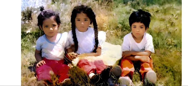 Hyperrealistic photograph of 2 girls and 1 boy sitting on the grass, in a beautiful garden. The girl on the right is wearing a white t-shirt with lines and sky-red pants. The girl in the center wears a white dress and pink pants, the boy on the left wears ...