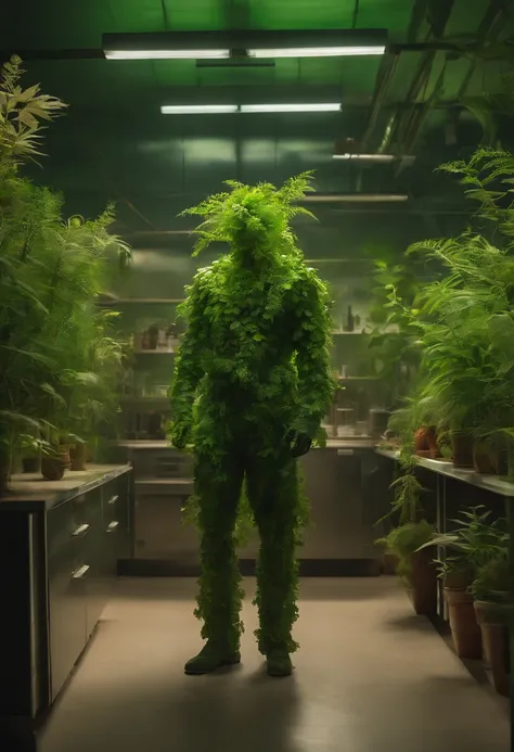 Image of a green man standing in a laboratory with plants coming out of his body