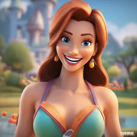 create a 3D movie poster inspired by Disney Pixar, The scene should be in Pixars signature digital art style, com uma imagem caricatural, There is a woman with a tattoo on her chest smiling, she is smiling and excited, she is smiling and happy, happily smi...