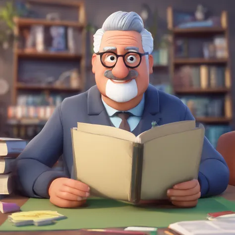 Crie um cartaz inspirado na Disney Pixar com o personagem sendo o pastor Rubens Janier, A gray-haired man wearing glasses, in an office with a Bible on the table