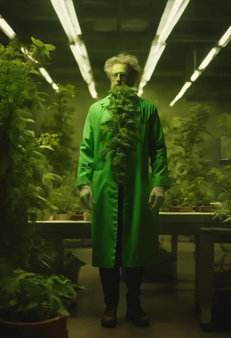 Image of a green man scientist standing in a laboratory with plants coming out of his body, Scary Organic Cyborg