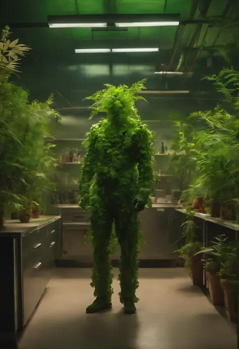 Image of a green man standing in a laboratory with plants coming out of his body