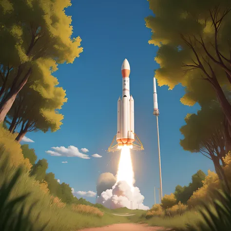 Generate an image displaying a rocket,  a book, and nature in the backgrouns