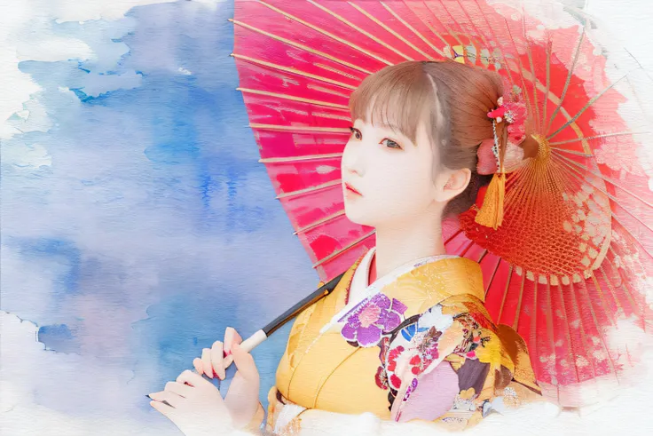 There is a woman with a red umbrella and a blue background, in a kimono, japan watercolour, geisha photo portrait,  inspired by Otake Chikuha, portrait of a japanese girl,