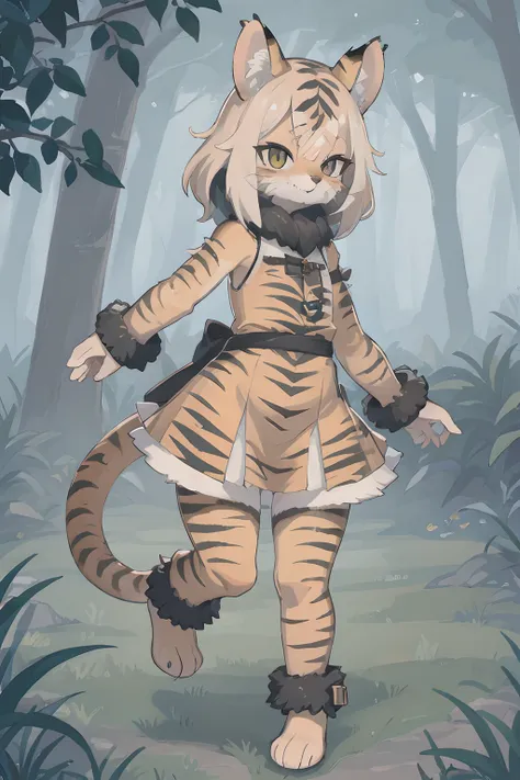 Full body hairy juvenile female outdoor woodland cat animal tail animal ears tiger teeth animal facial features