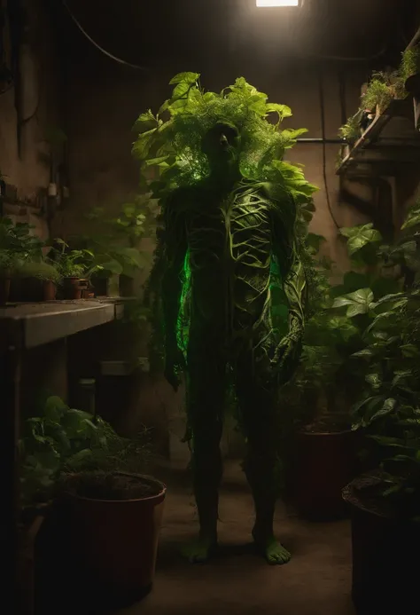 Image of a green man standing in a lab in a dark basement house with plants sticking out of his body, Scary Organic Cyborg