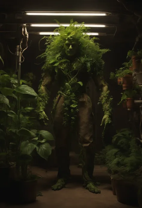 Image of a green man standing in a lab in a dark basement house with plants sticking out of his body, Scary Organic Cyborg