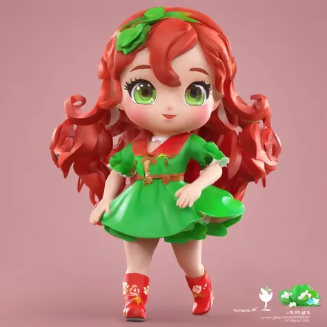 Super cute girl IP peppercorns, Bright eyes, Red long-haired,Red dress, brown legwear，a blind box toy, China-style，Glossy and delicate,Green background，Good gloss, 3D rendering of,Best quality