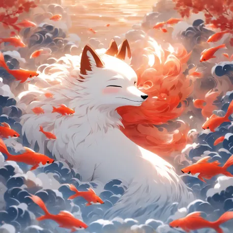 (White background:1.4),(Silhouette of a girls head, Eyes closed, Long white hair,White fox ears，There are 9 fluffy cartoon fish，The tail has a fiery red color at the end， Oriental elements)，(Chinese illustration:1.3，paper art:1.3, Quilted paper art:1.2),( ...