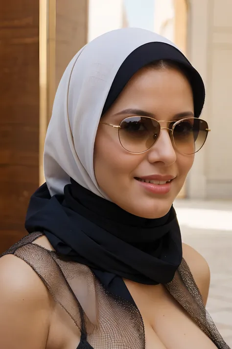 russian milf, perfect and clear eyes, sunglasses, wearing hijab, in Arabian palace, small sized tits, big ass, candid photography, long shot, realistic, detailed skin texture, vibrant colours, great exposure, cinematic