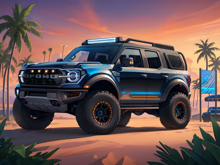 a close-up of a jacked black ford bronco raptor 2023  truck with orange rims parked on a white sand beach, colorfull miami backg...