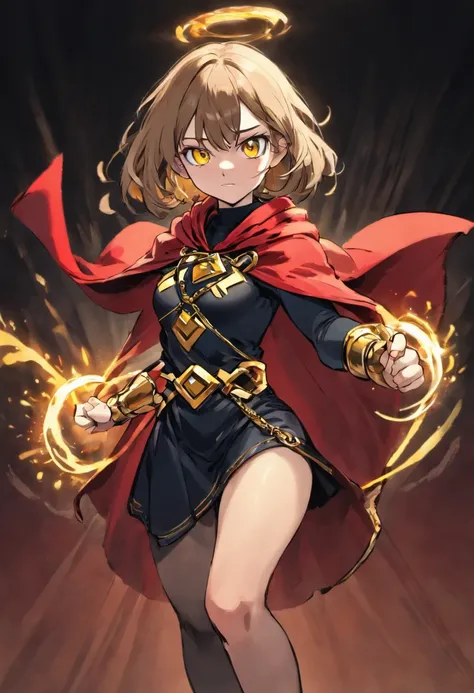 Innocent teen girl with light brown hair, ojos azules, portando un uniforme color negro con dorado, a golden cord on his right arm around his waist and a giant red cloak