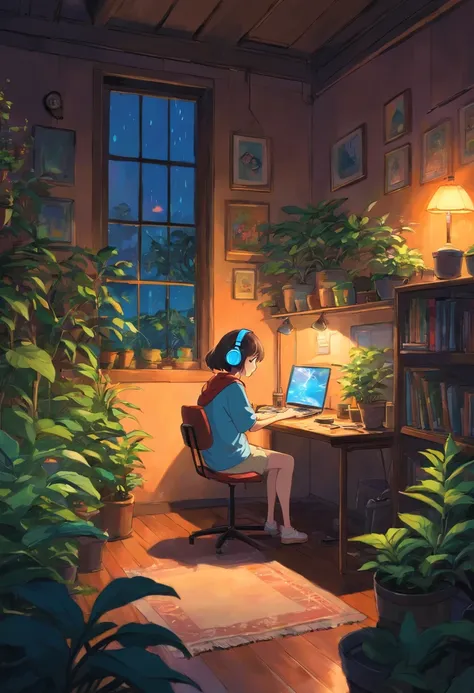 Girl listening to music in cozy room at night, Use headphones, 2D style anime, lo fi, hard disk, dark environment, plants, coffee, rainy day, plants, homework,