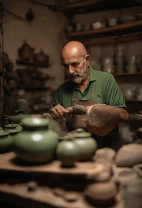 Retrato de um pai, com 55 anos, corpo bem atletico, ceramista, de avental verde, With clay in his hands. Seu rosto com barba estilo motoqueiro grisalha, bald head, sem cabelo. Trabalhando em um torno ceramico, Inside an atelier full of biomorphic sculpture...