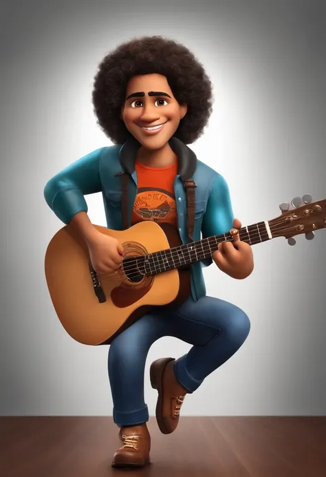 crie um banner no estilo Pixar. Um menino branco, Hispanic appearance, com cabelos curtos com disfarce e marrom, cabelo liso, com pouca barba, Smooth appearance, usando uma camiseta preta, Wearing jeans and holding a guitar with 6 strings.