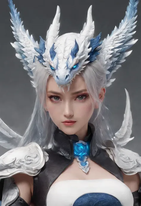 Cirilla Fiona Elen Riannon，Excellent picture quality，Outstanding details，超高分辨率，（Fidelity：1.4）, Prioritize details，Split close-up，Ride the dragon，High-tech robot dragon knight，He has a handsome face，（（Blue and white flying semi-mechanical fuselage：1.8）），enh...