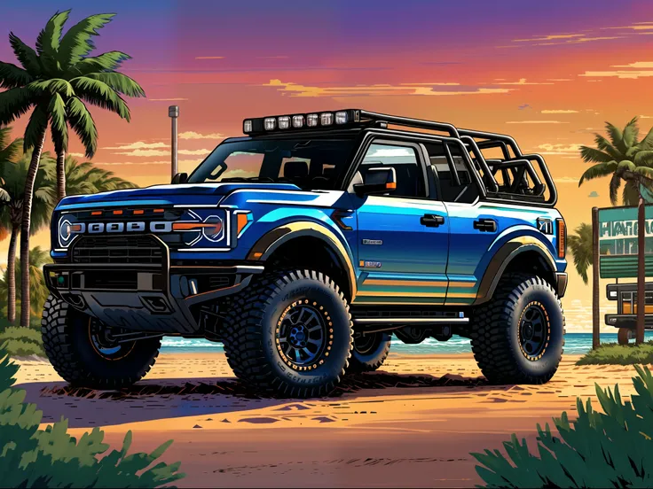 a close-up of a black 2023 ford bronco raptor truck with orange rims parked on a white sand beach, colorful miami background wit...