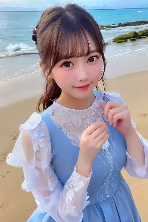 top-quality、hight resolution、extremely detailed photo、(Photorealsitic)、upperbody shot、profetional lighting、((girl with、独奏))、beautiful detailed face and eyes、joy、Wearing a lace dress、On a calm beach、tiarra、Pedras preciosas