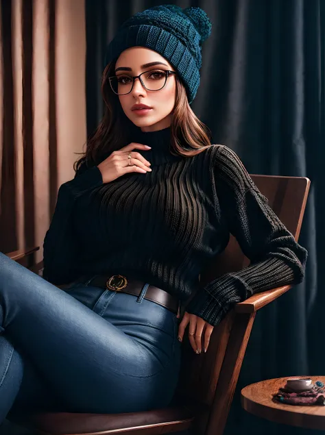 Photo of a gorgeous Latina woman in glasses sitting on a chair in the style of Stefan Kostic, realistic skin texture, Looking Up, knitted hat, black knitted sweater, Focus on accentuated breasts, very sexy pose, Sexy look, very sexy outfit, 8.5mm Art Lens,...