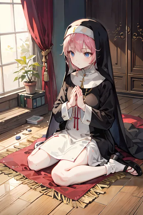 Nun de calcinha, cabelo longo, cruz grande no colo, meia branca, Praying with rosary on the floor, Anime style in high resolution