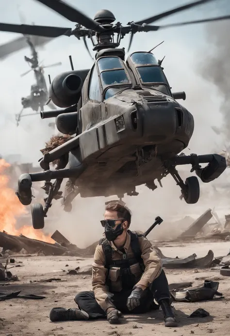 Post-apocalyptic battle scene with ((( In the background, a destroyed attack helicopter lies on the ground))), Wasteland, Smoke, debris, Camouflage mesh,  Near-perfection, pure form, intricate detials, 8k post-production, High Resolution, super detaill, Tr...