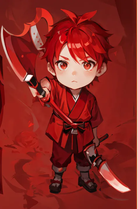 samurai boy, red outfit, red hair, masterpiece, high detailed, high quality