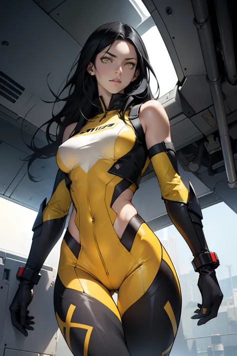 1 girl, black hair, yellow eyes, very long hair, pale skin, fit body, slender body, slim waist, large breasts, (confident expression), pilot suit, thigh gap, bare thighs, sleeveless