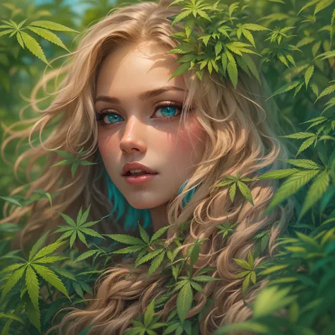 (best quality,4k,8k,highres,masterpiece:1.2),ultra-detailed,realistic, HDR, vivid colors, studio lighting, a 20-year-old young woman, exuberant and blonde, with long flowing hair and blue eyes, nude, in a cannabis cultivation. portrait, beautiful detailed ...