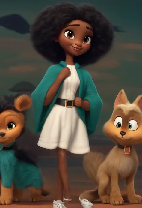 CRIE UMA IMAGEM PIXAR MULHER BRANCA CABELO LOIRO COMPRIDO OLHOS CASTANHOS ESCUROS BLUSA DE MANGA LILASS BERMUDA PRETA SAPATILHA PRETA