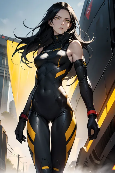 1 girl, black hair, yellow eyes, very long hair, pale skin, fit body, slender body, slim waist, large breasts, (confident expression), pilot suit, thigh gap, bare thighs, sleeveless