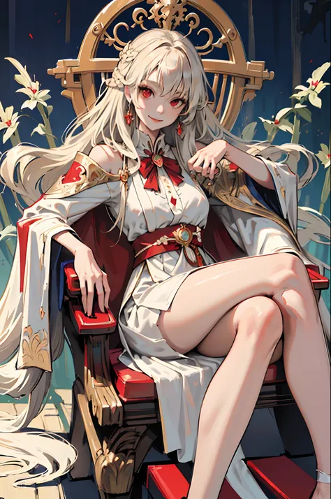 (masutepiece, Best Quality),  1girl in, Solo, (Her Majesty:1.15), platinum-blonde, Long hair, (red cape), drapes, White Dress, queen dress, Aurora, (Sunshine, skyporn, River, forest), deadpan, Red Eyes, Very long hair, (Art Nouveau:1.2), Alphonse Mucha, ti...